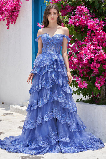 Línea A Fuera del Hombro Azul Oscuro Vestido de Graduación Con Apliques